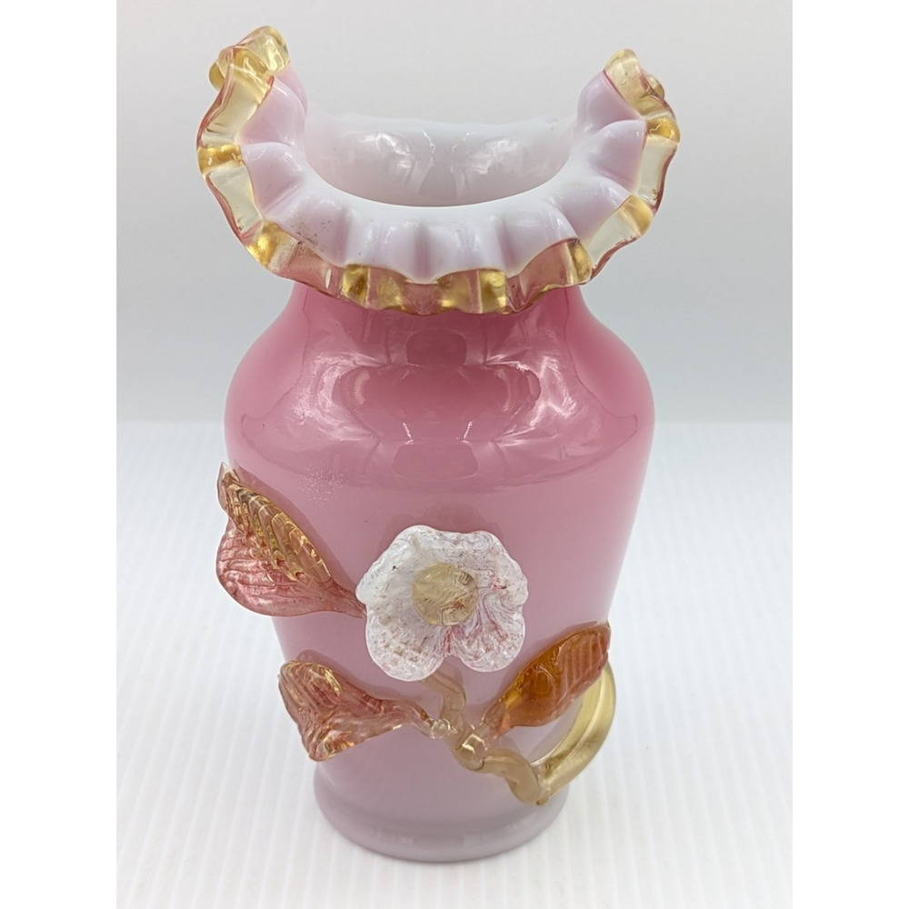 Victorian Stevens & Williams Cased Art Glass Vase Floral Applied Flower Ruffled